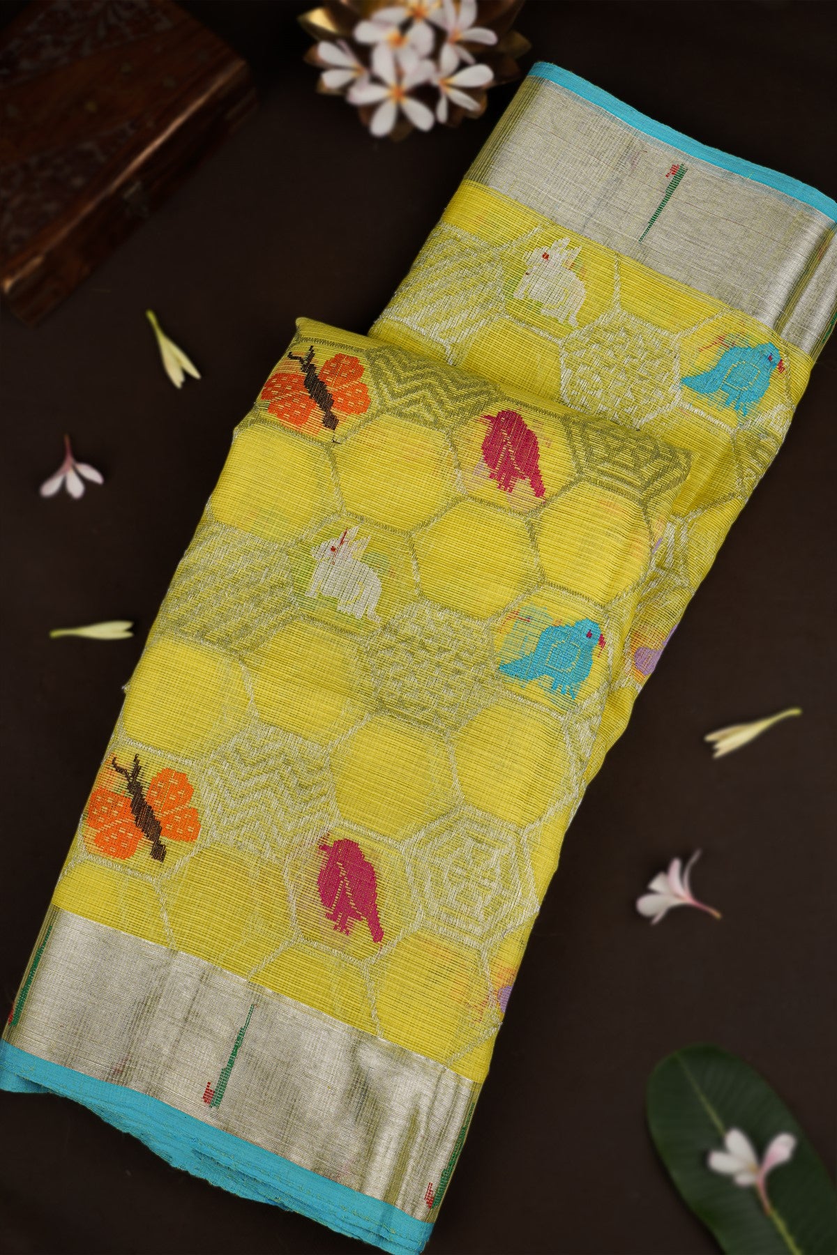 Zari Kota Cotton Bird Motifs Yellow Saree