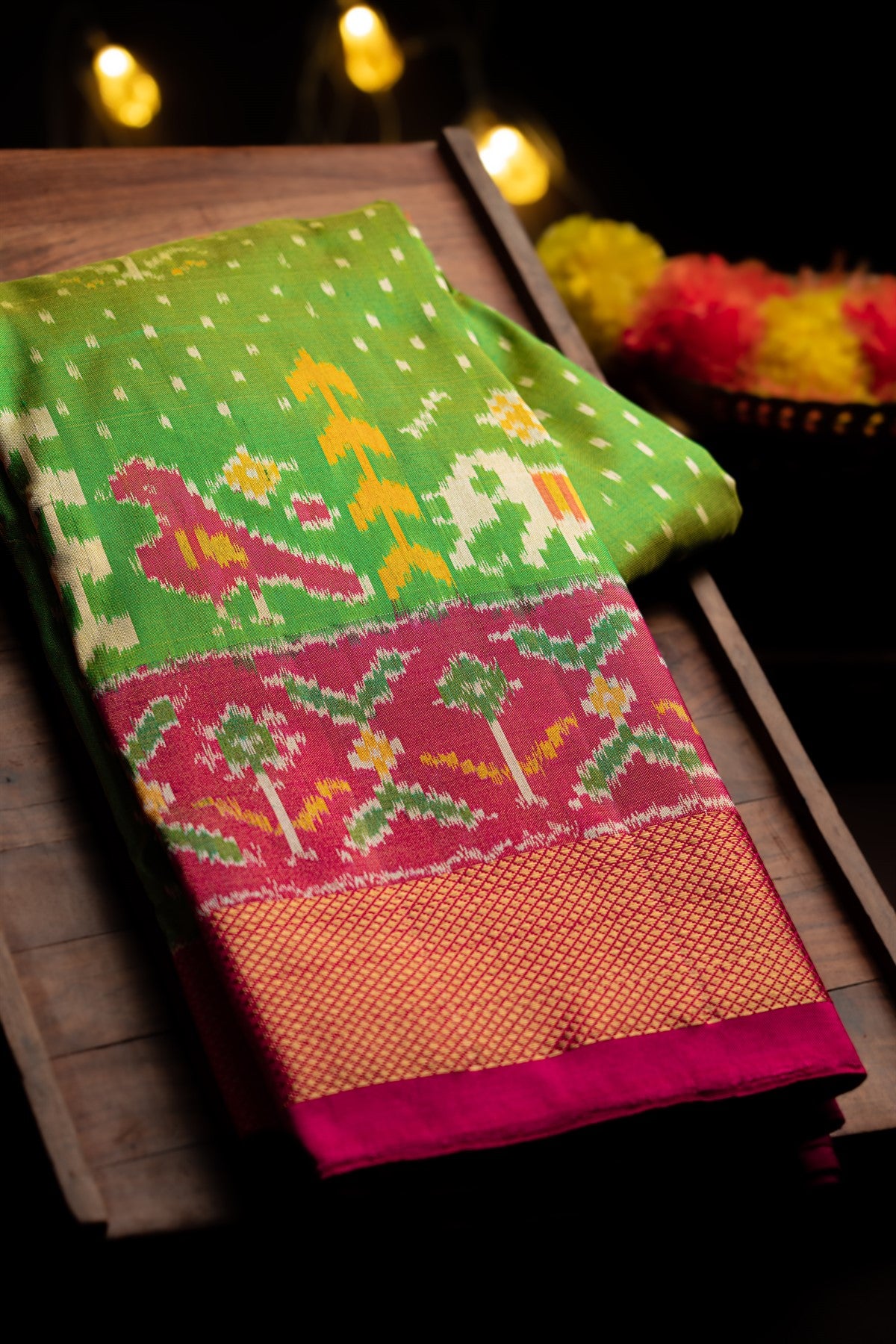 Ikat Silk Parrot Green Saree