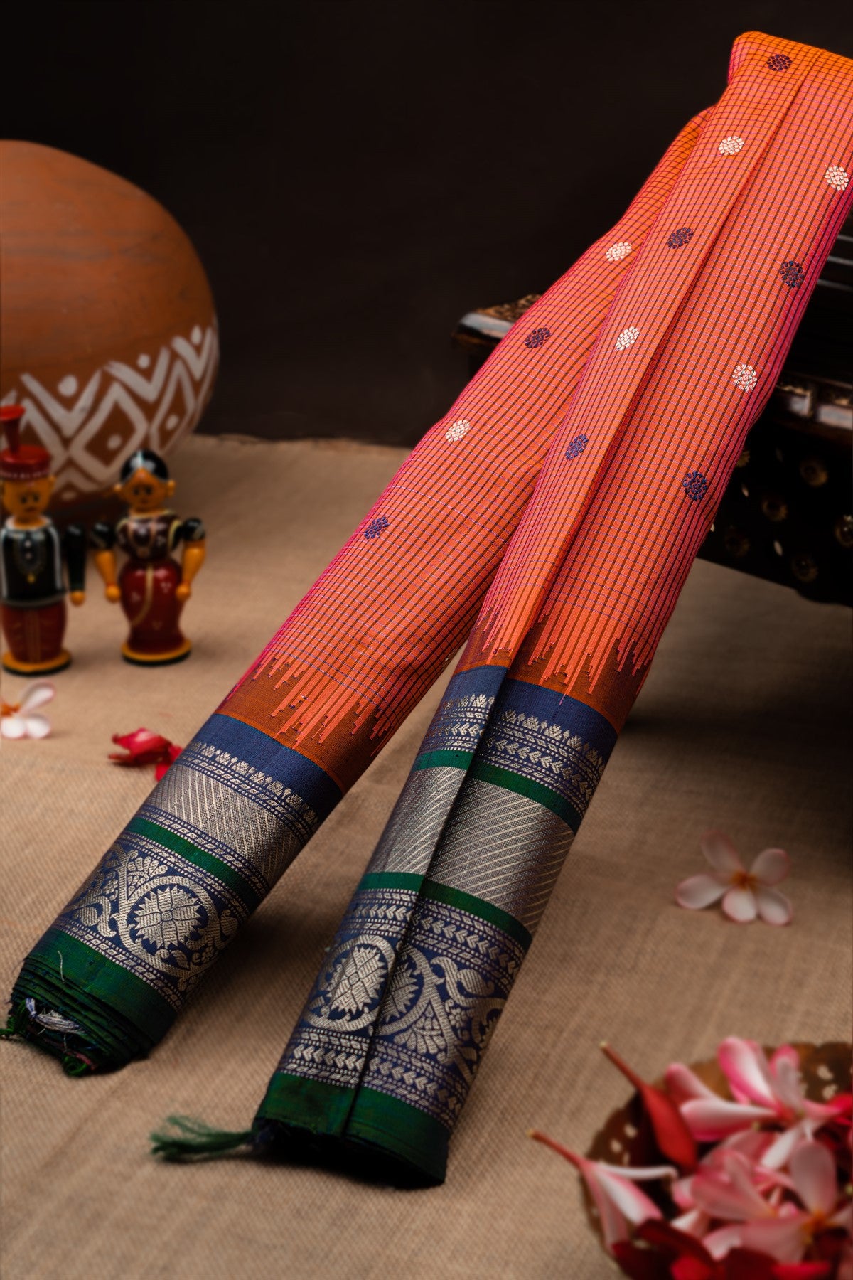 Gadwal Silk Checks And Buttis Coral Saree