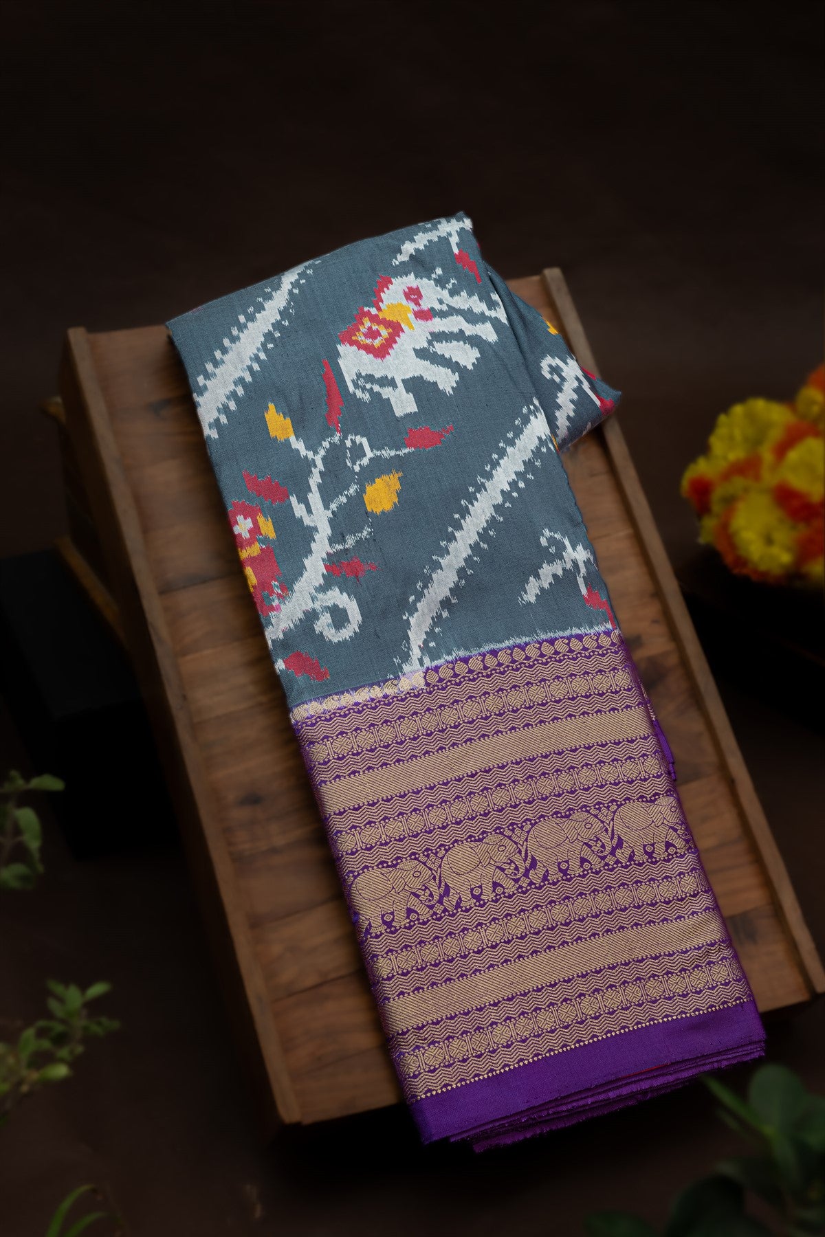 Kanchi Ikat Silk Slate Grey Saree