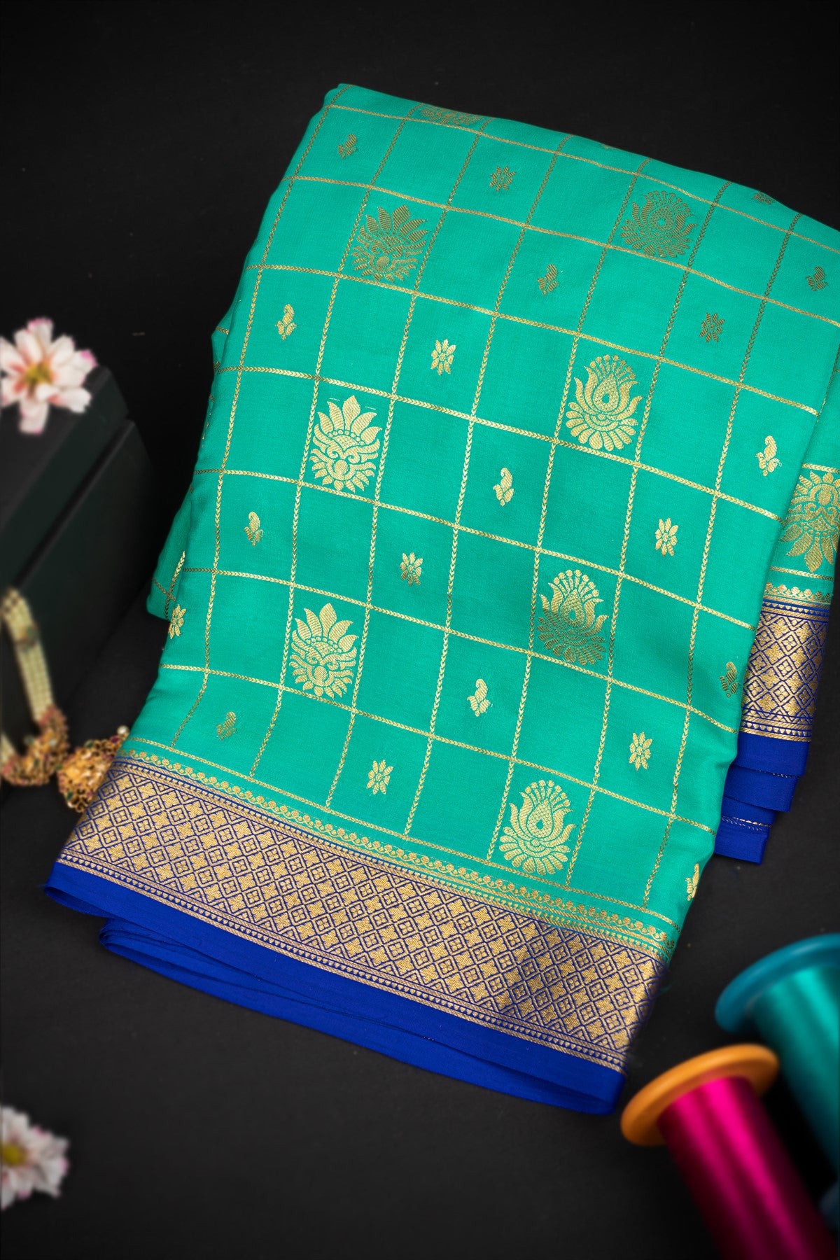 Mysore Crepe Checks Sea Green Saree