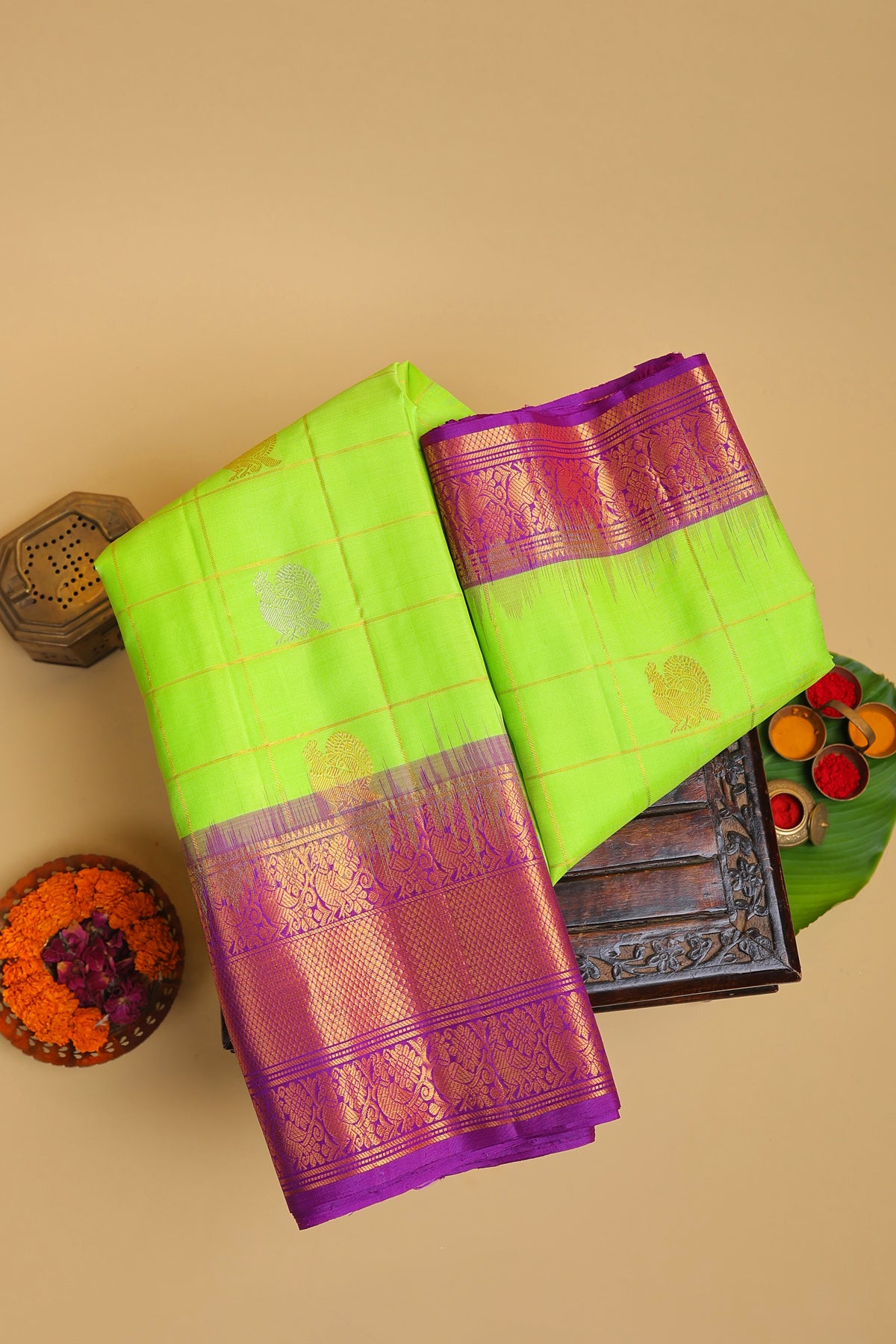 Gadwal Silk Parrot Green Saree