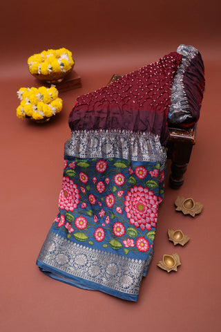 Bandhani Silk Dark Maroon Saree