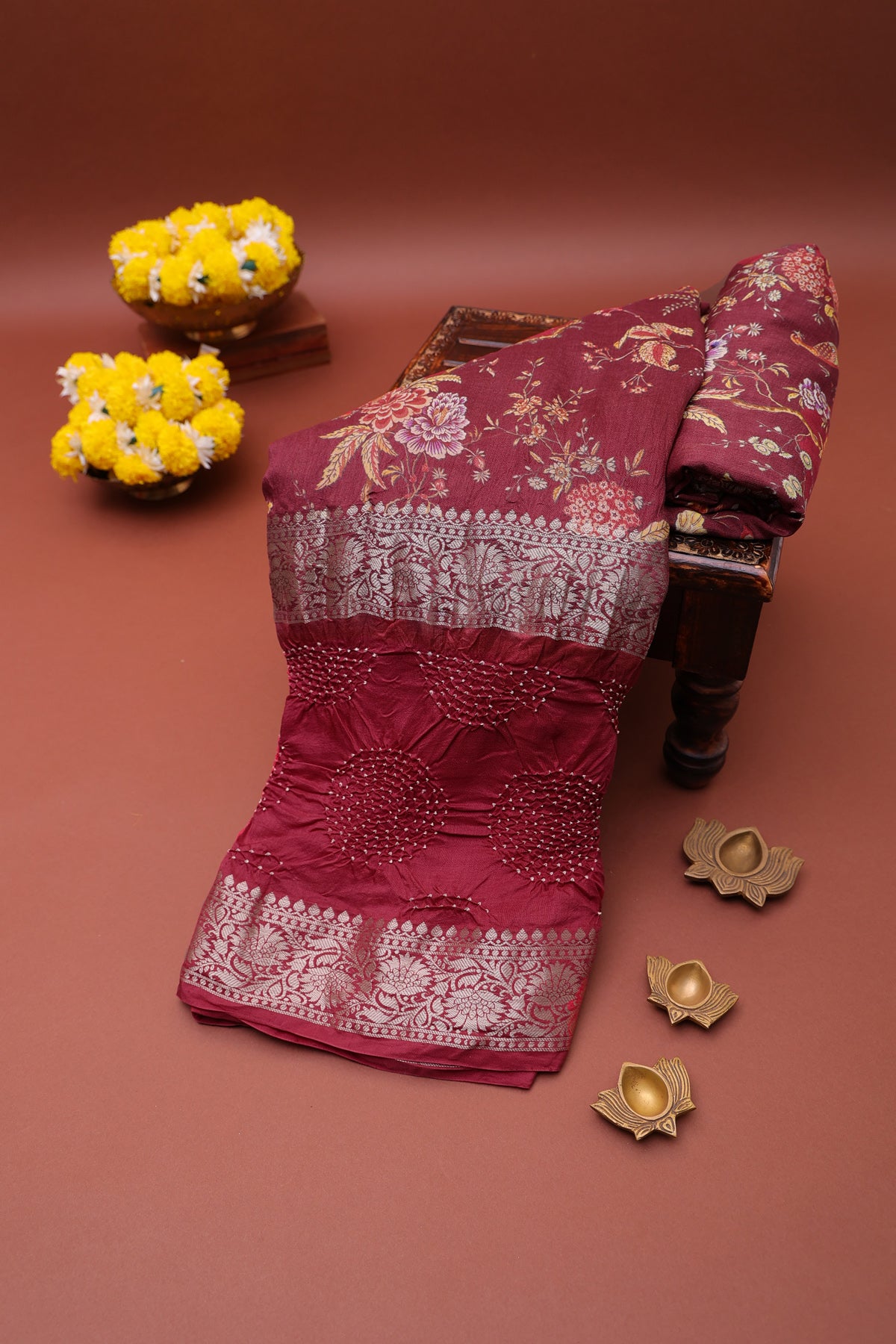 Bandhani Silk Maroon Saree