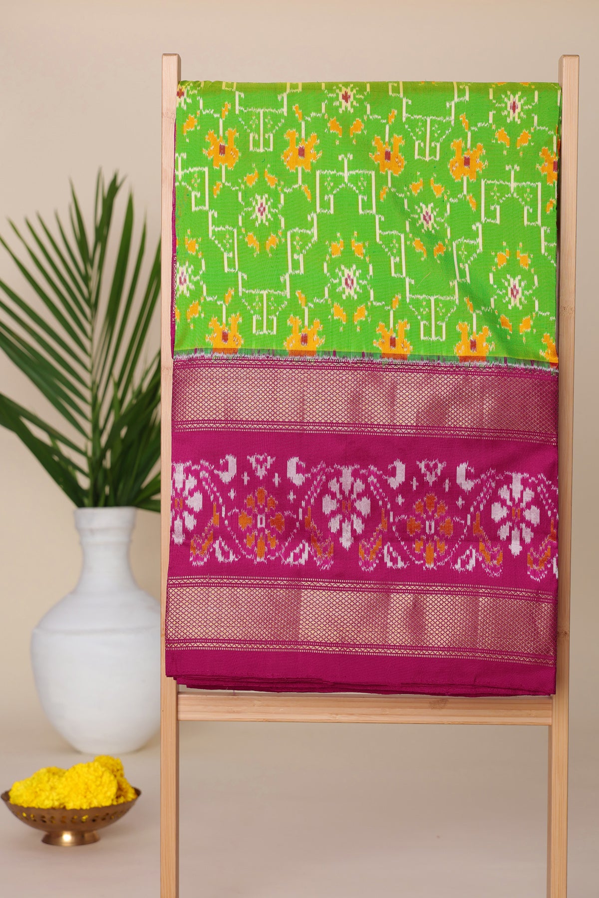 Ikat Silk Parrot Green Saree