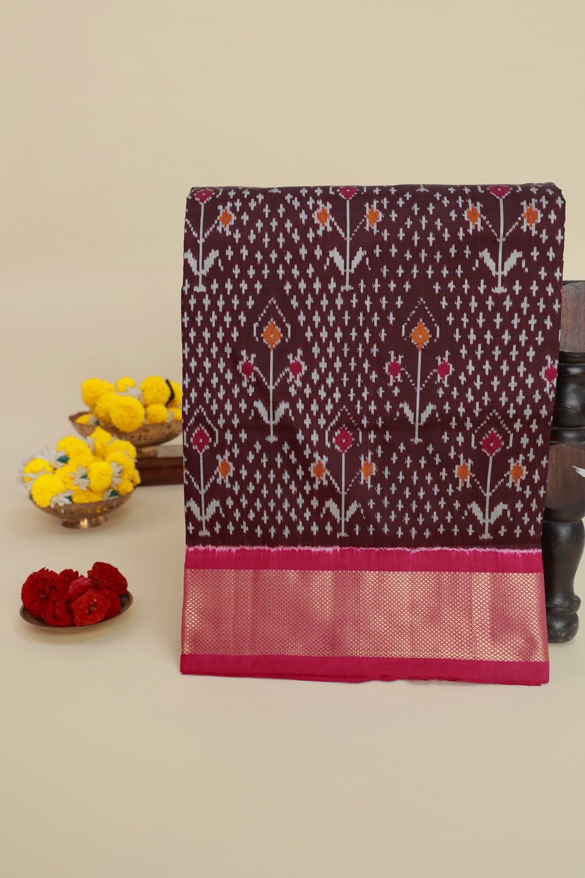 Ikat Silk Brown Saree