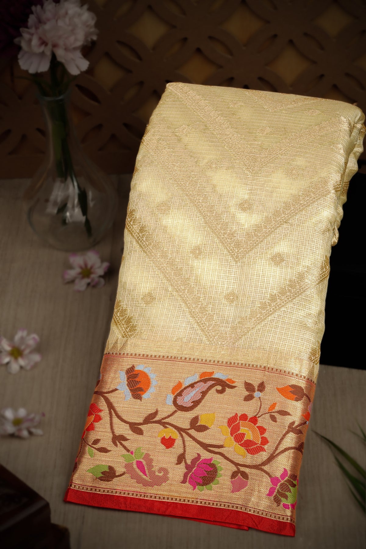 Designer Silk Kota Cream Saree