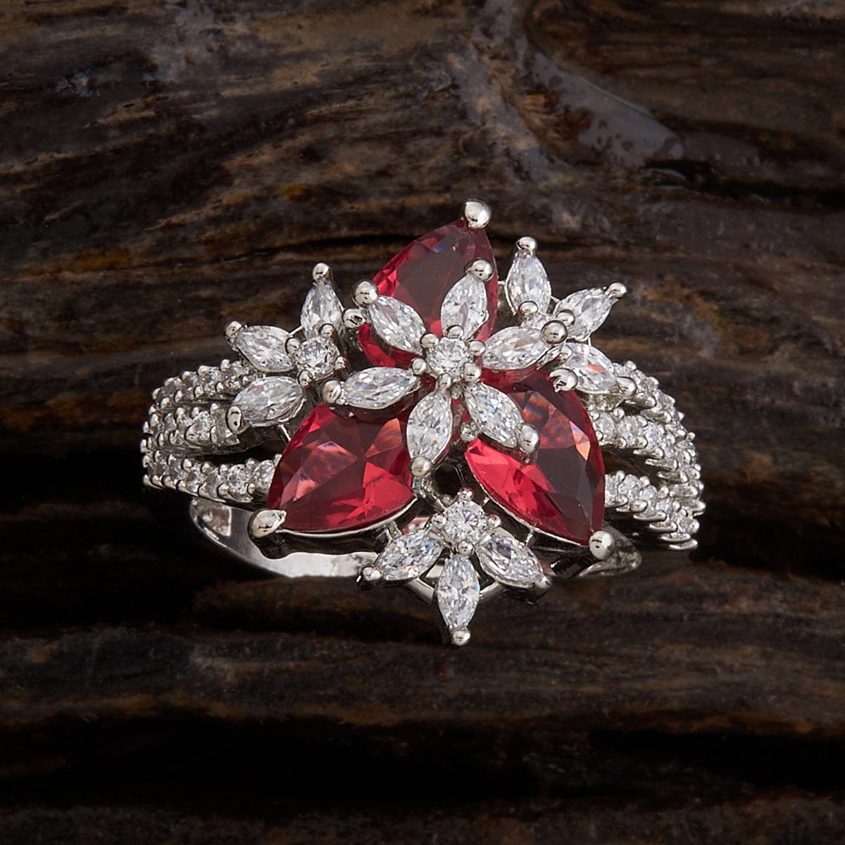 Red Colour Korean Flower Design 3D Crystal Adjustable Ring – Kalash Cards