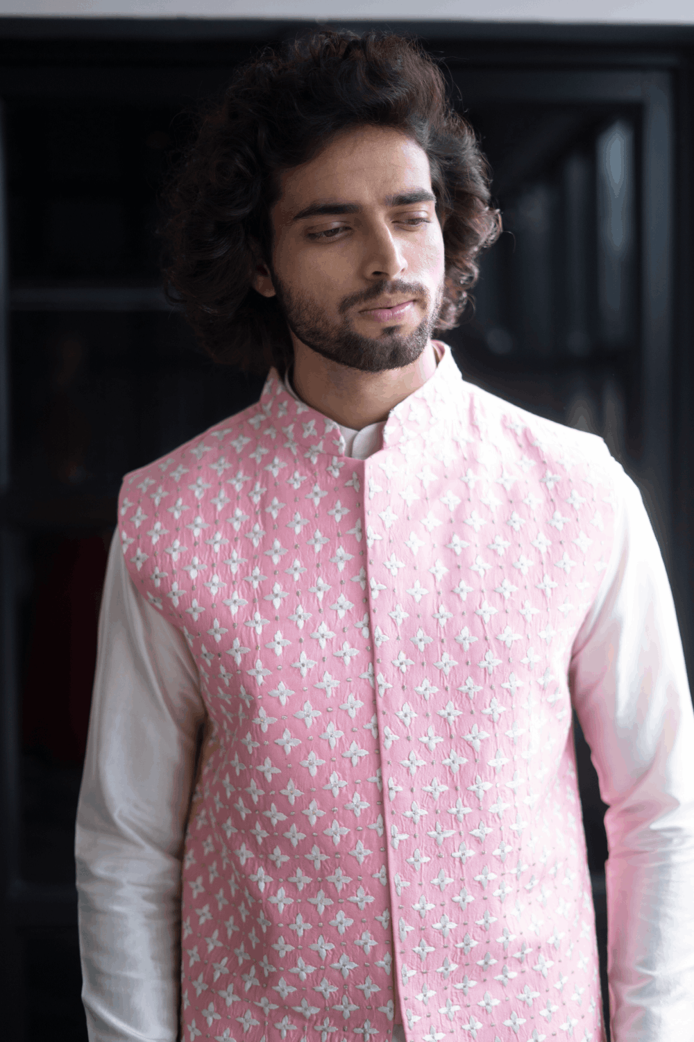 Buy Powder Pink Jacket Kurta Set In Art Silk With Print Pattern And Bead  Work