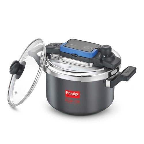 Prestige Svachh Flip-on Hard Anodised Gas and Induction Compatible Pressure Cooker with Glass Lid, (Black)
