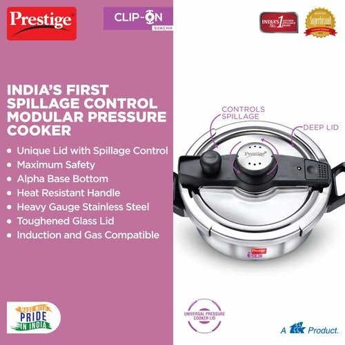 Prestige Svachh Flip-on Stainless Steel Gas and Induction Compatible Pressure  Cooker with Glass Lid, (Silver)