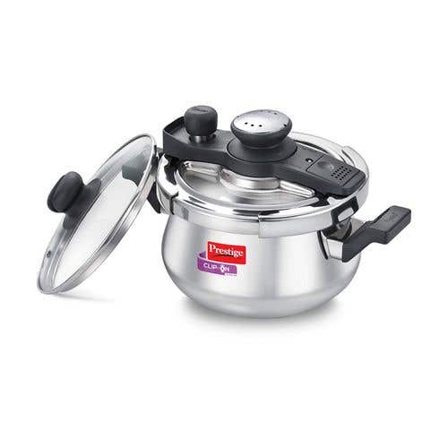 Prestige Clip-on Mini Svachh Stainless Steel Spillage Control Pressure Cooker with Glass Lid, (Silver)
