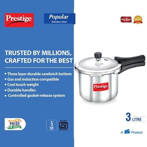 Prestige Popular Stainless Steel Pressure Cooker, 3 Litres