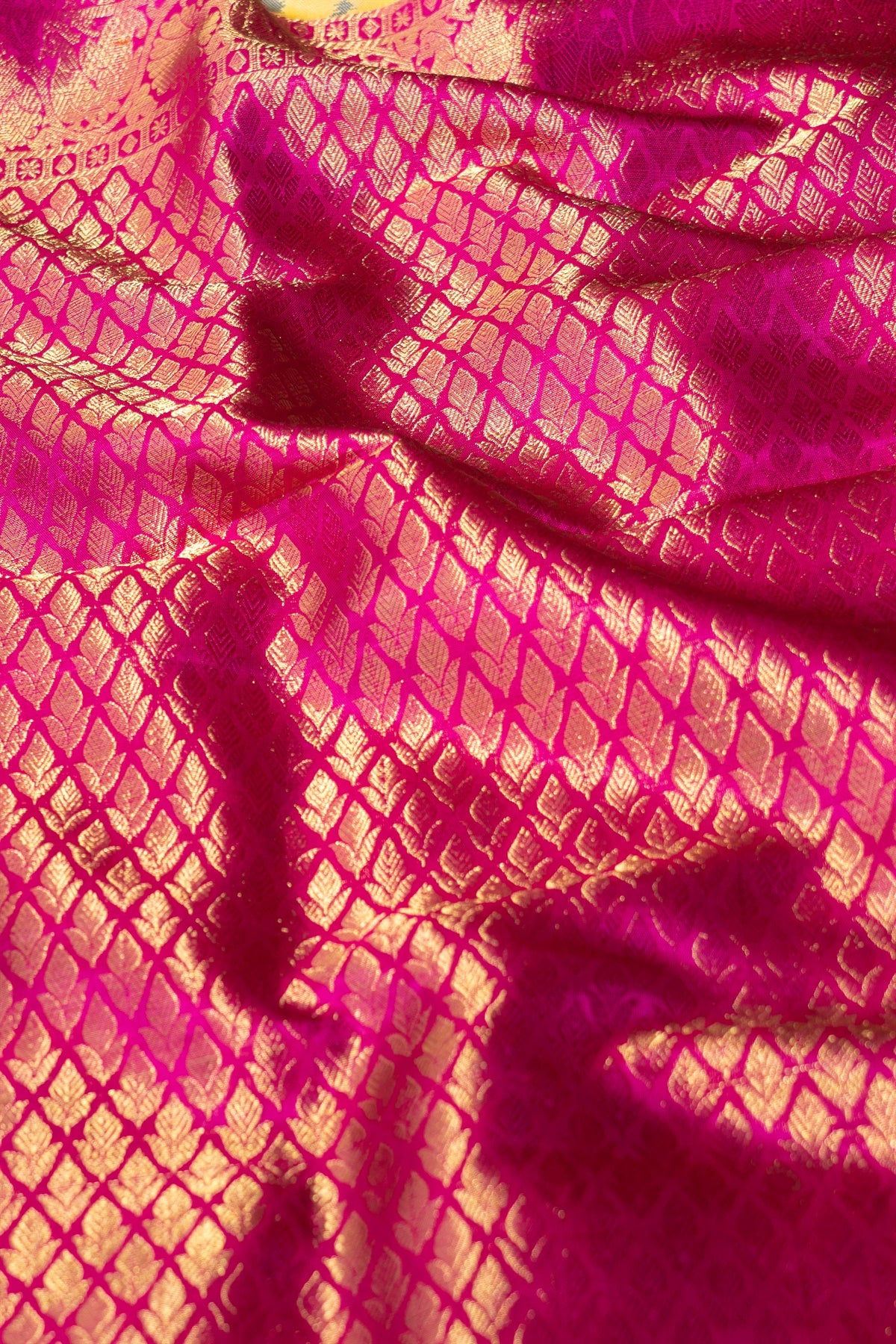 Mandir Yellow & Pink Kanchi Ikat Geometric Checks Saree