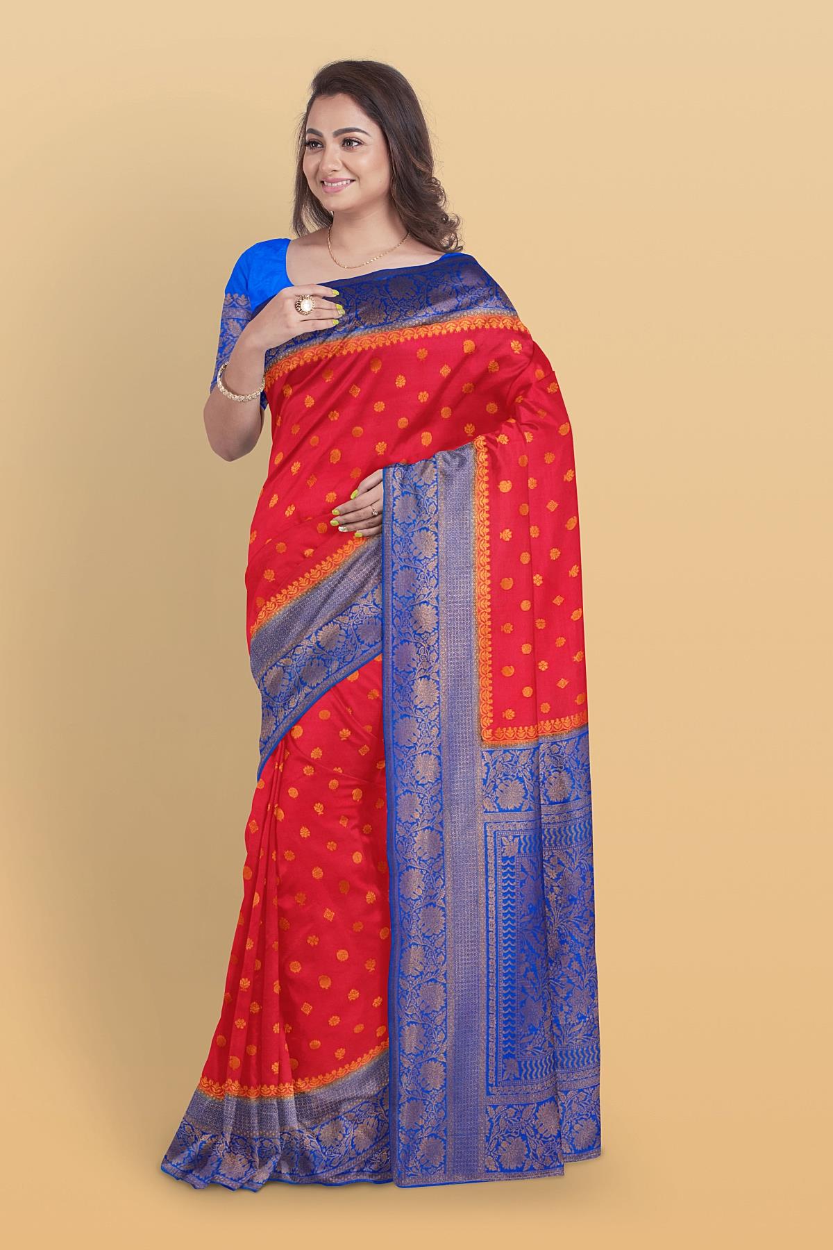 Latest RED BUTTIS KATHAN SILK Saree with CONTRAST border