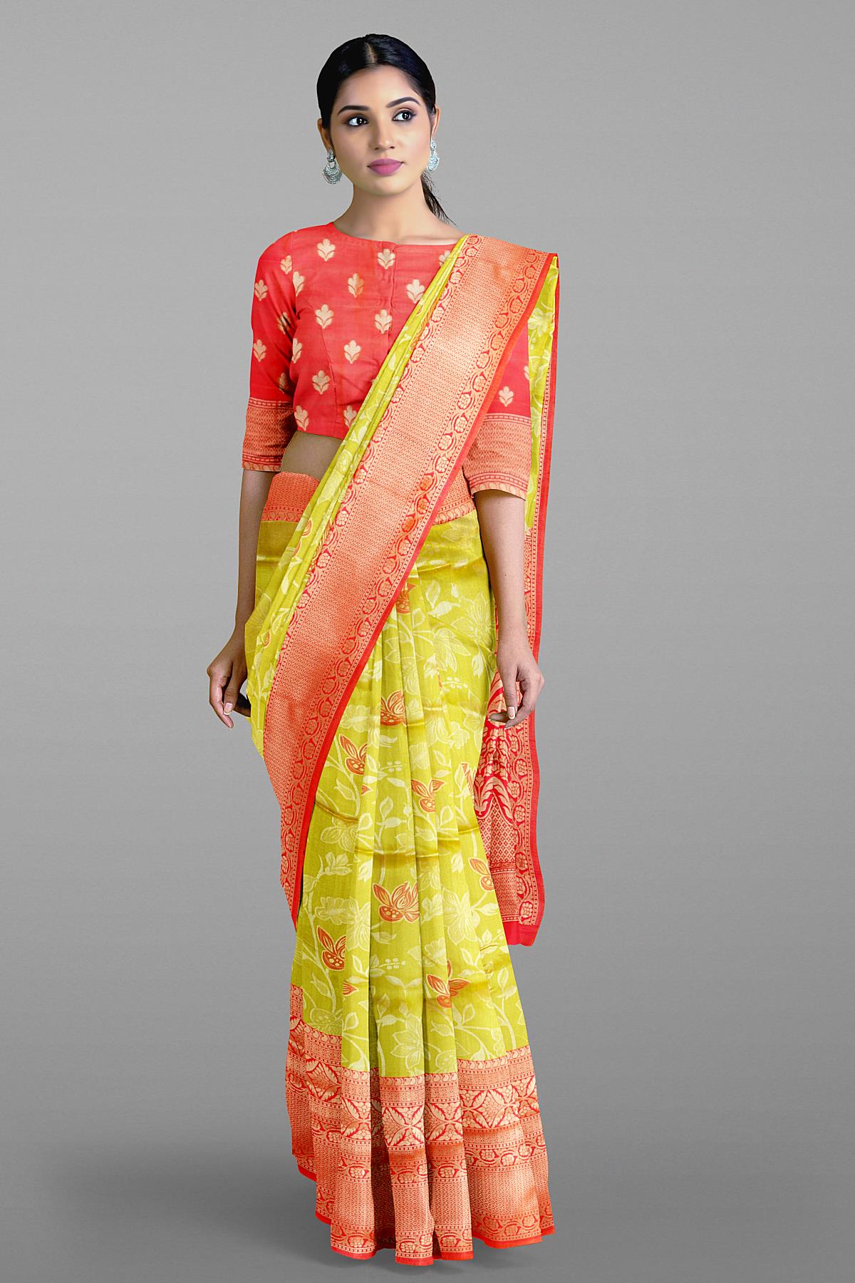Latest Olive Florals Silk Saree With Contrast Border