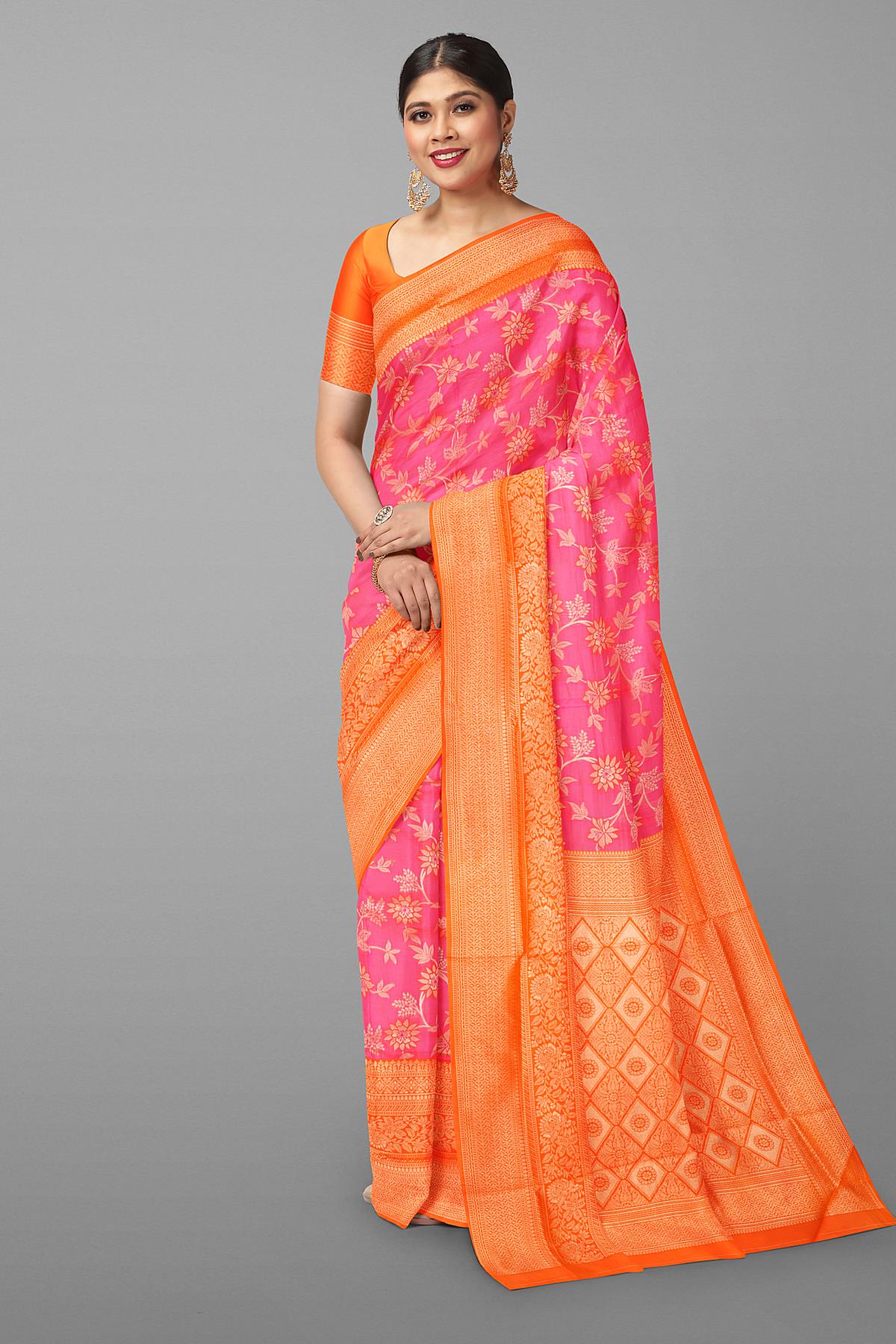 Latest Pink Florals Silk Saree With Contrast Border
