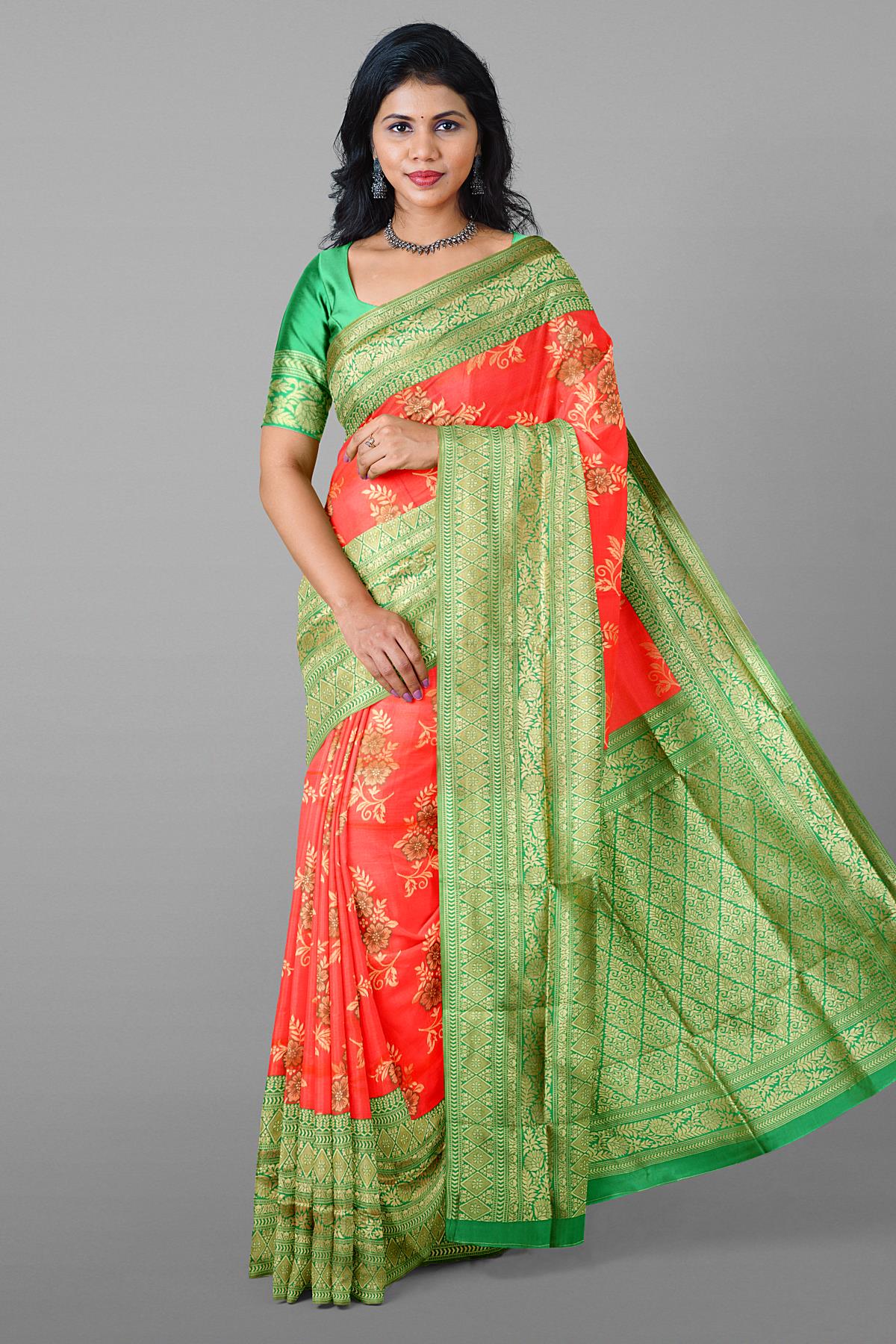 Latest Coral Florals Silk Saree With Contrast Border