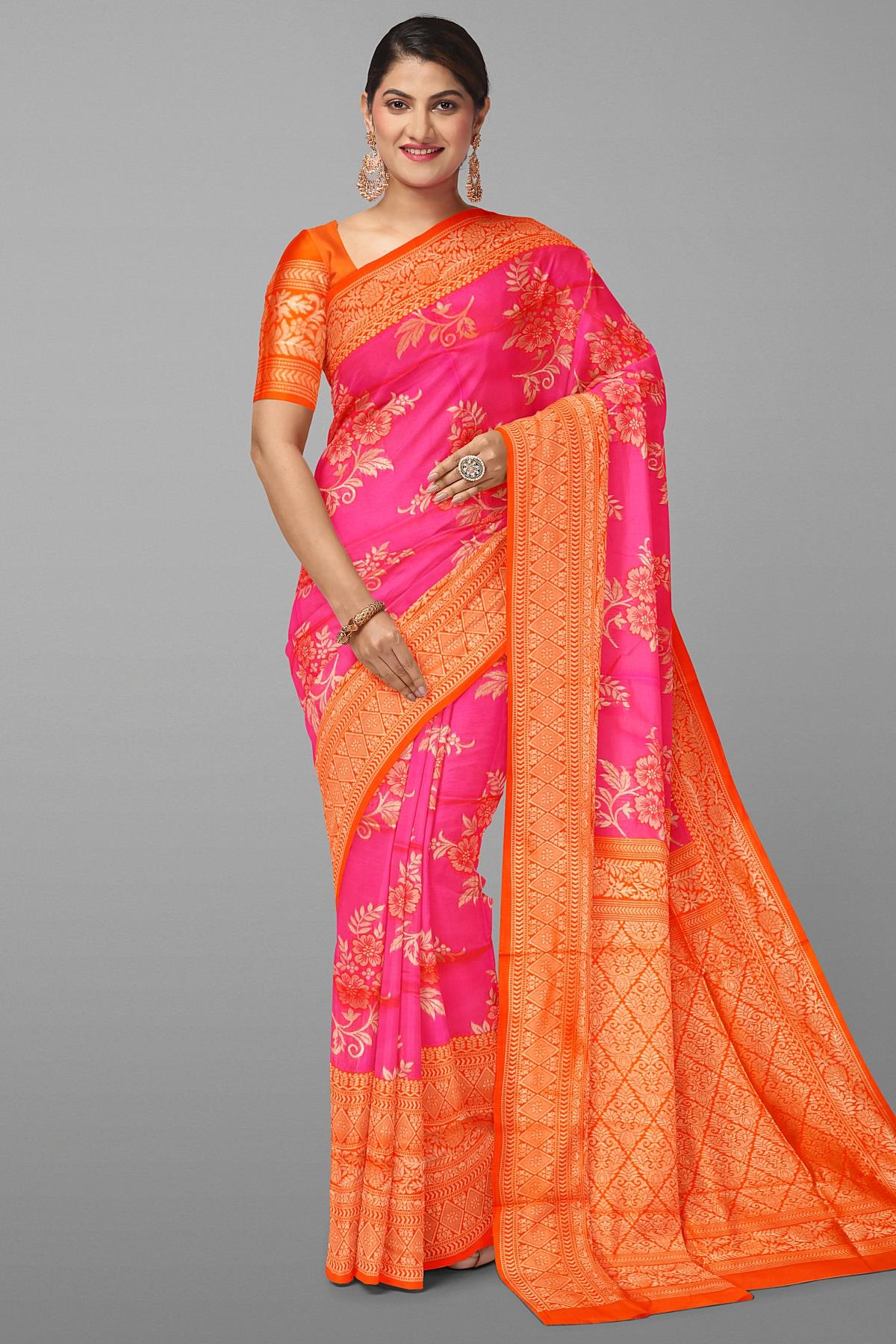 Latest Pink Florals Silk Saree With Contrast Border
