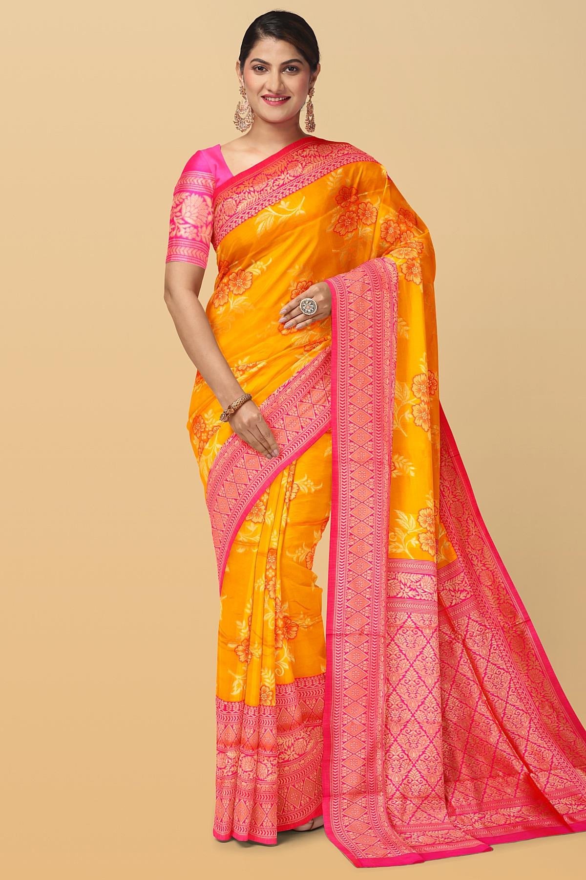 Latest YELLOW FLORALS SILK Saree with CONTRAST border