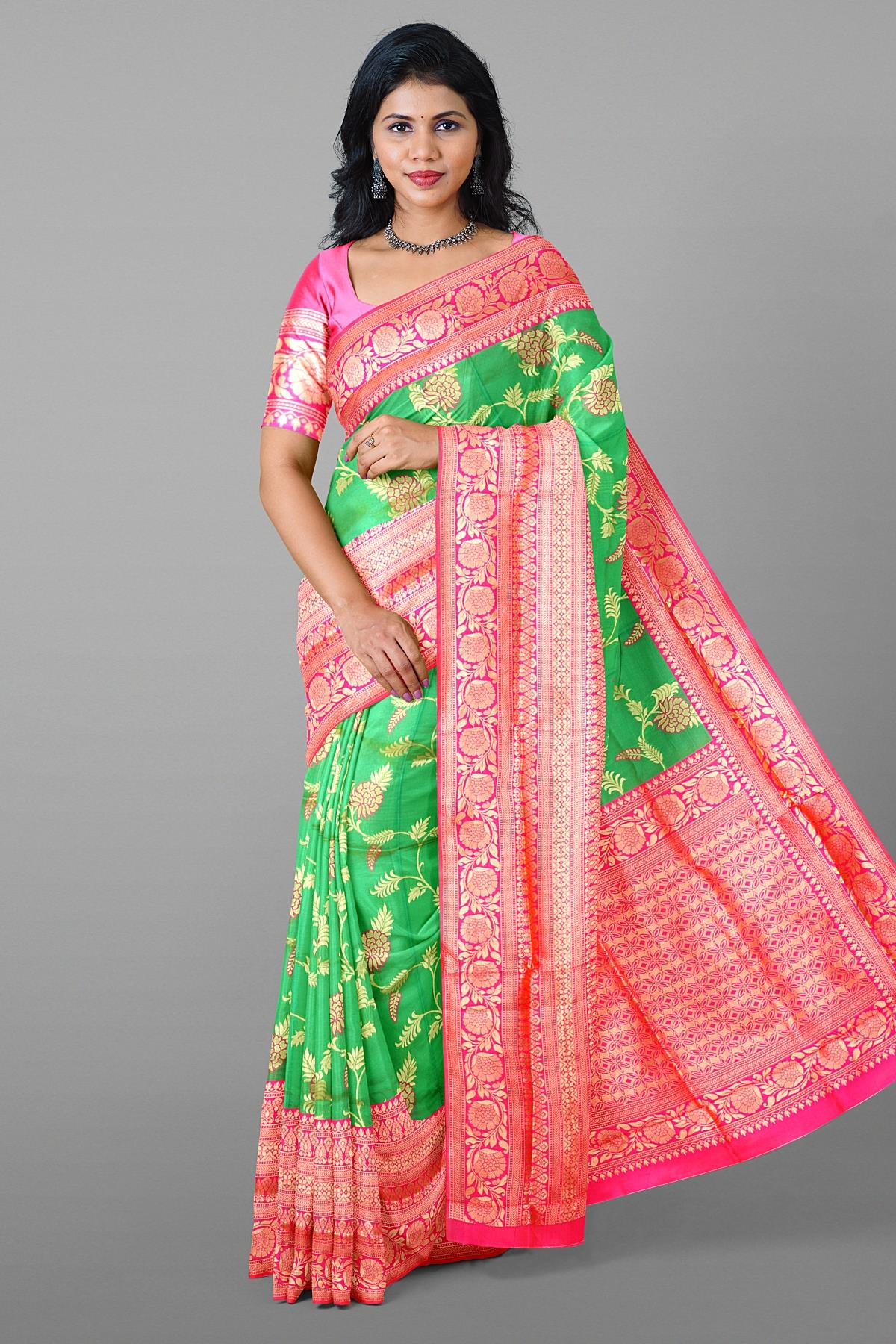 Latest GREEN FLORALS SILK Saree with CONTRAST border