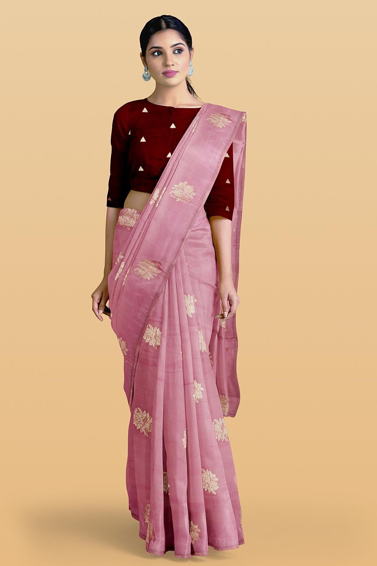 Latest DUSTY PINK FLORALS VISCOSE GEORGETTE Saree with WORK BORDER border