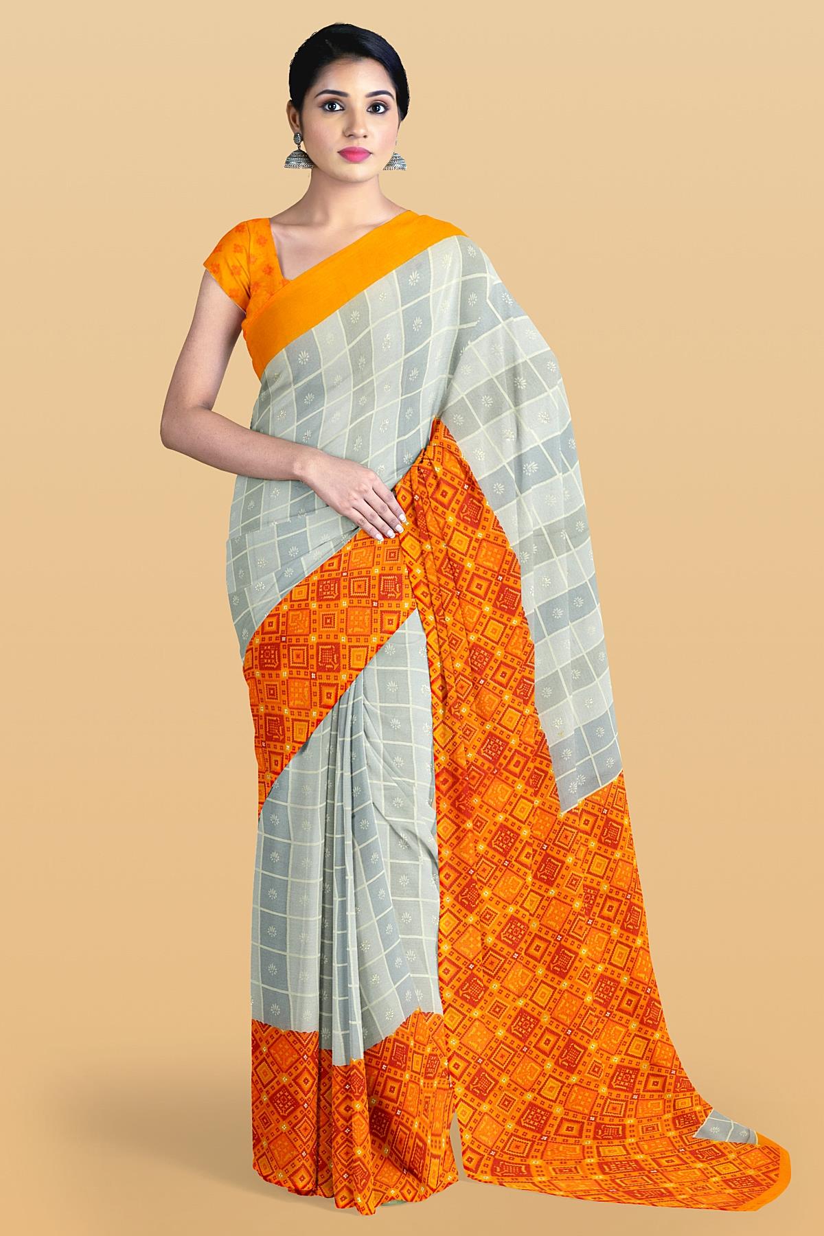 Latest Grey Checks And Buttis Georgette Saree With Contrast Border