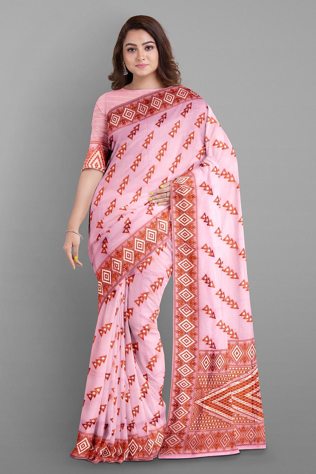 Latest PINK ABSTRACT LINEN BLEND Saree with WOVEN DESIGN border