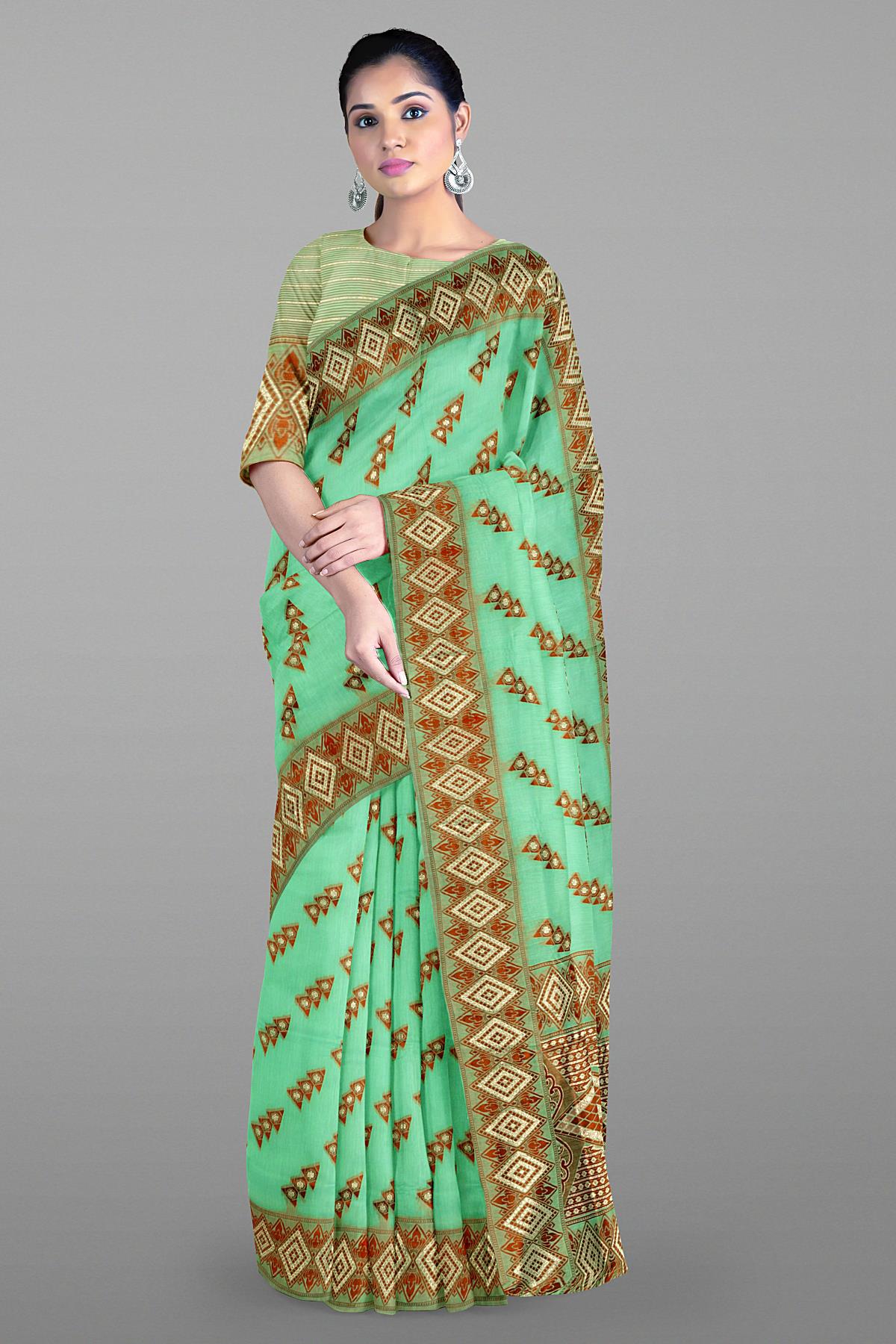 Latest SEA GREEN ABSTRACT LINEN BLEND Saree with WOVEN DESIGN border