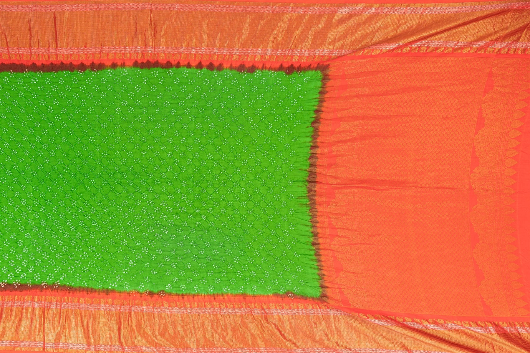 Varamahalakshmi Parrot Green & Orange  Bandhani Saree