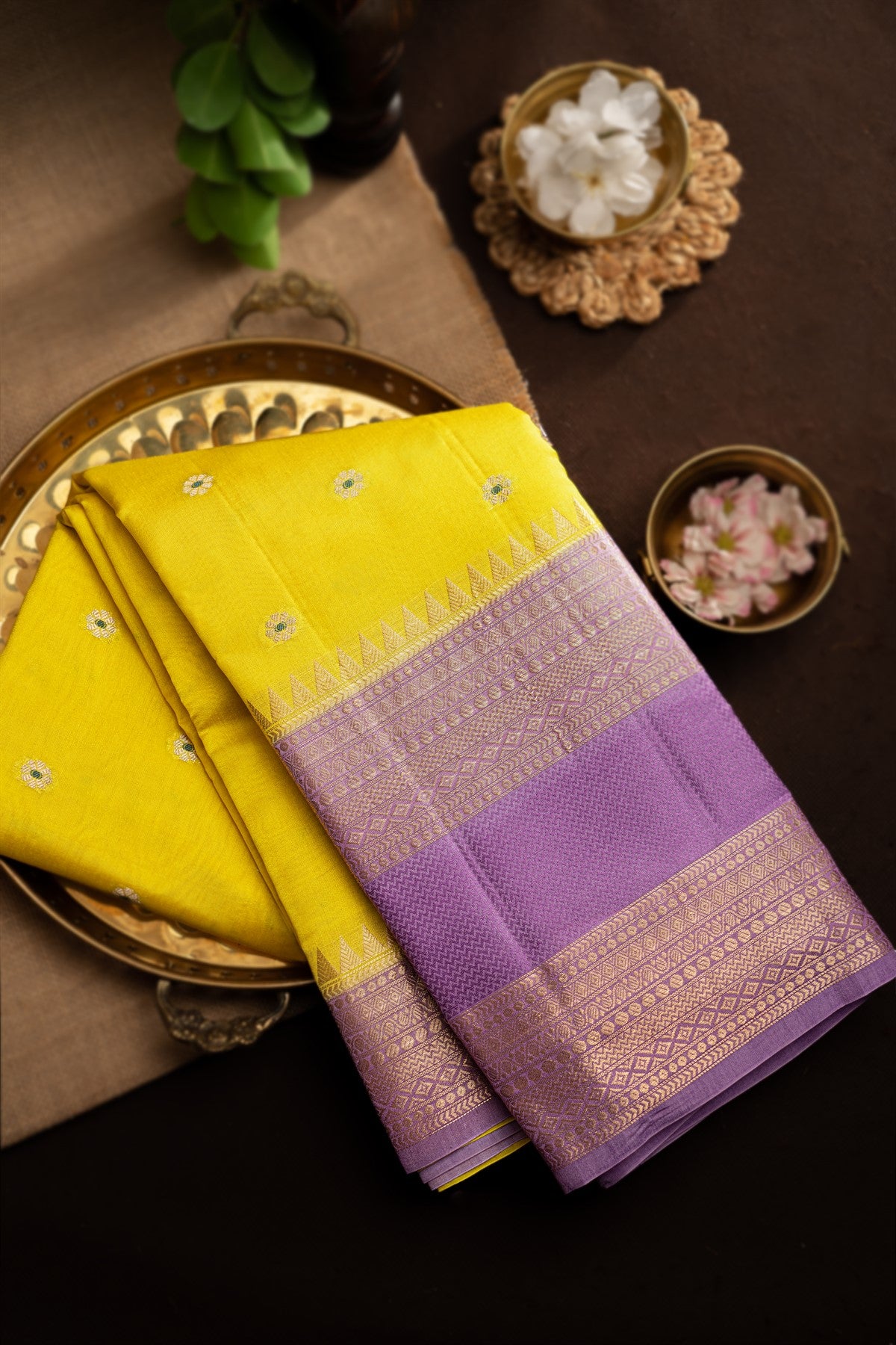 Mandir Yellow & Lavender Matka Buttis Saree