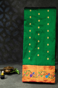 Varamahalakshmi Bottle Green & Red Gadwal Floral Buttis Saree