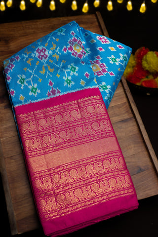 Mandir Blue & Pink Kanchi Ikat Ikat Saree
