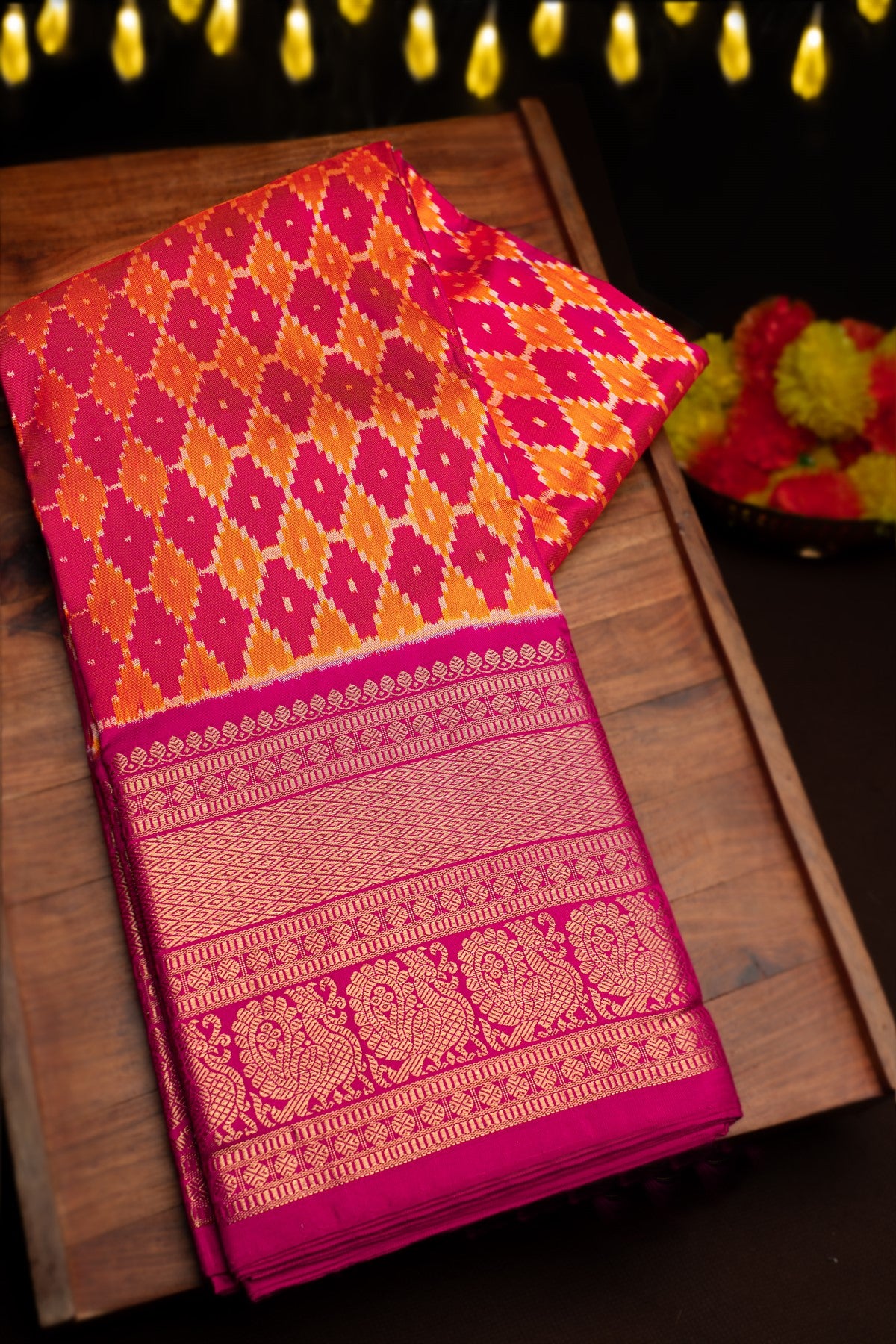 Mandir Orange & Pink Kanchi Ikat Ikat Saree