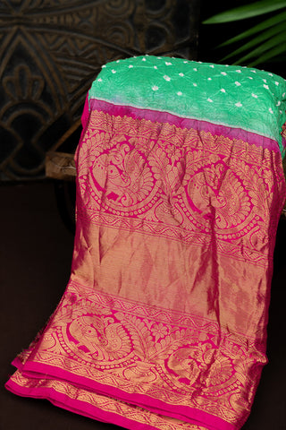 Varamahalakshmi Light Green & Pink Bandhani Bandhani Saree