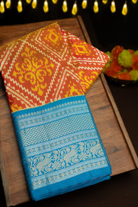 Mandir Mustard & Blue Kanchi Ikat Ikat Saree