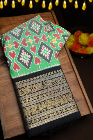 Mandir Light Green & Multi-Colour Kanchi Ikat Printed Saree