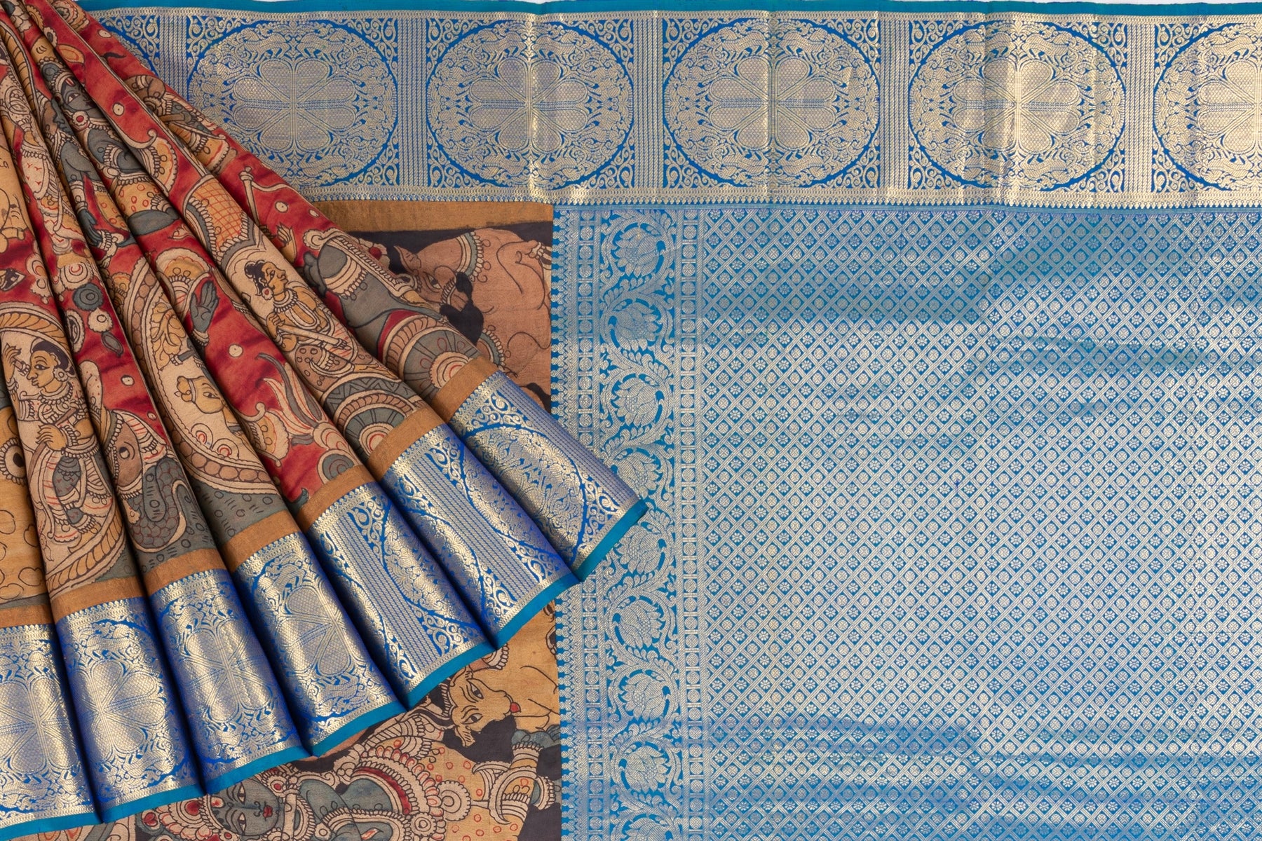 Mandir Snuff & Peacock Blue Kanchi Kalamkari Print Saree