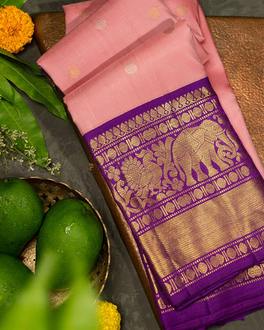 Varamahalakshmi Peach Pink & Purple Kanchipuram Buttis Saree