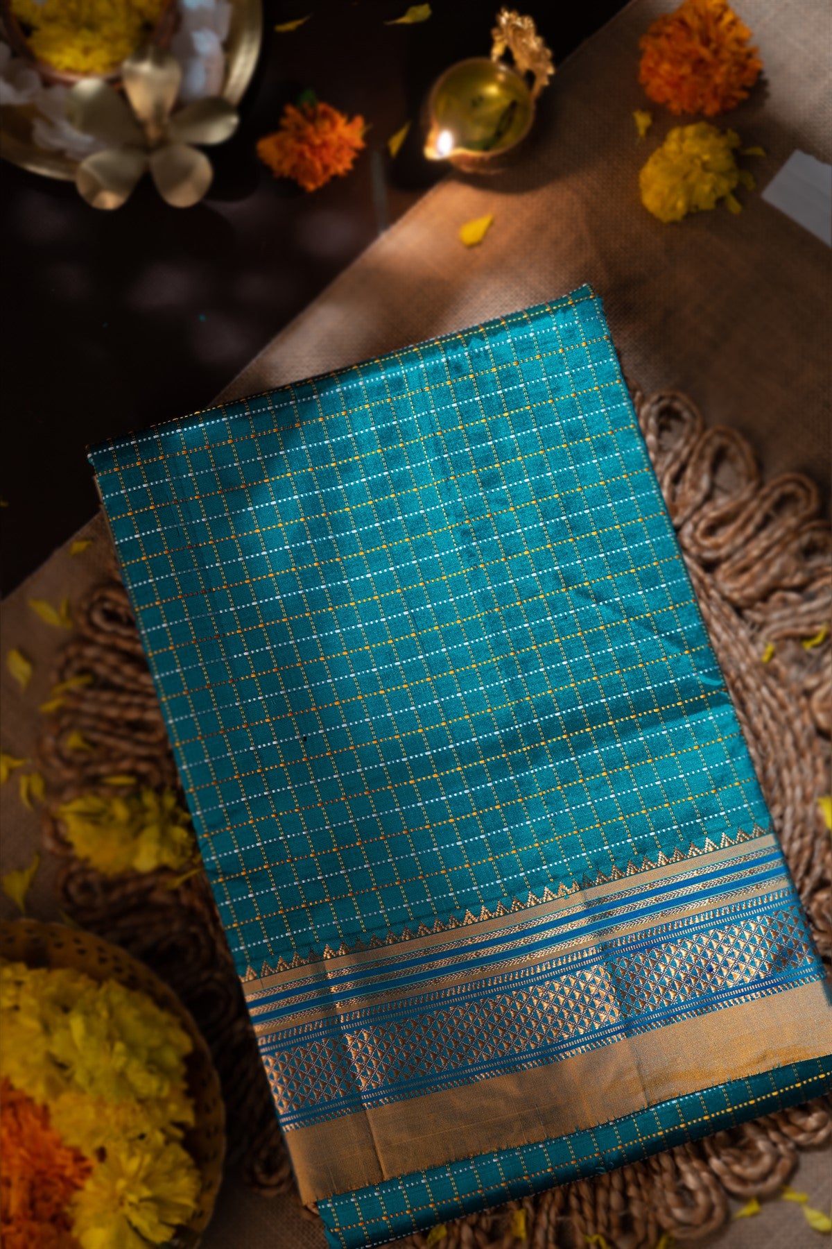 Varamahalakshmi Peacock Blue & Mustard Narayanapet Checks Saree