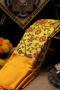 Varamahalakshmi Gold Yellow & Orange Kancheepuram Digital Print Saree