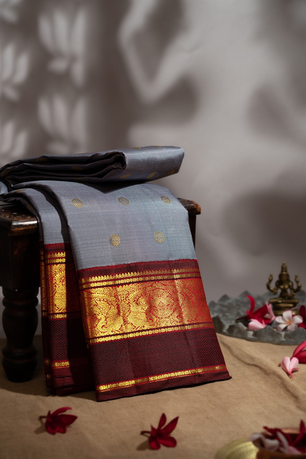 Varamahalakshmi Light Grey & Maroon Kanchipuram Buttis Saree
