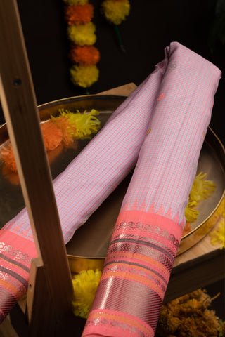 Mandir Beige and Light Pink & Peach Gadwal Checks And Buttis Saree