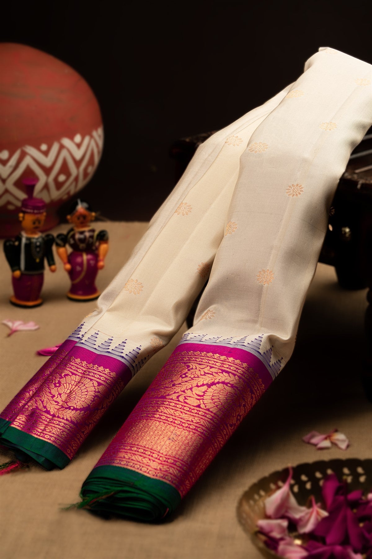 Varamahalakshmi Cream & Purple Gadwal Buttis Saree