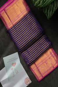 Mandir Navy Blue & Pink Kanchipuram Checks And Buttis Saree