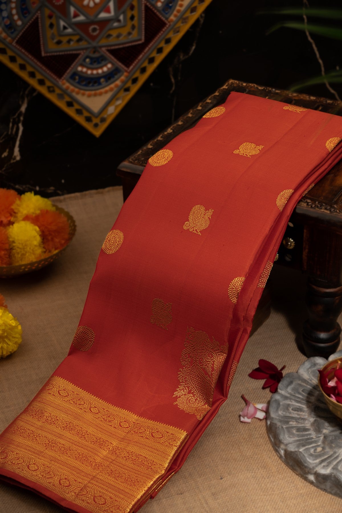 Varamahalakshmi Brick Red & Gold Kancheepuram Buttis Saree