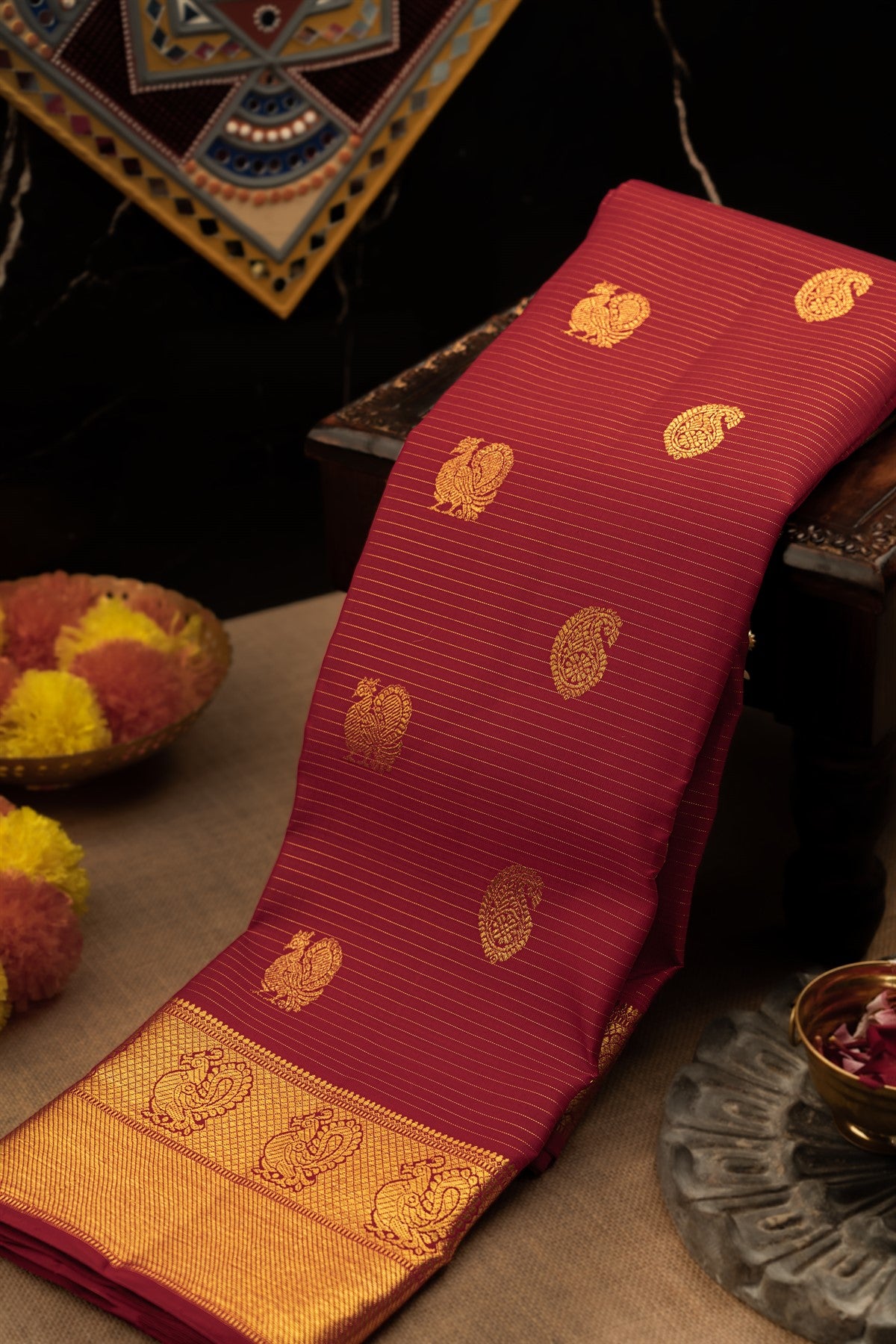 Varamahalakshmi Maroon & Gold Kancheepuram Buttis Saree