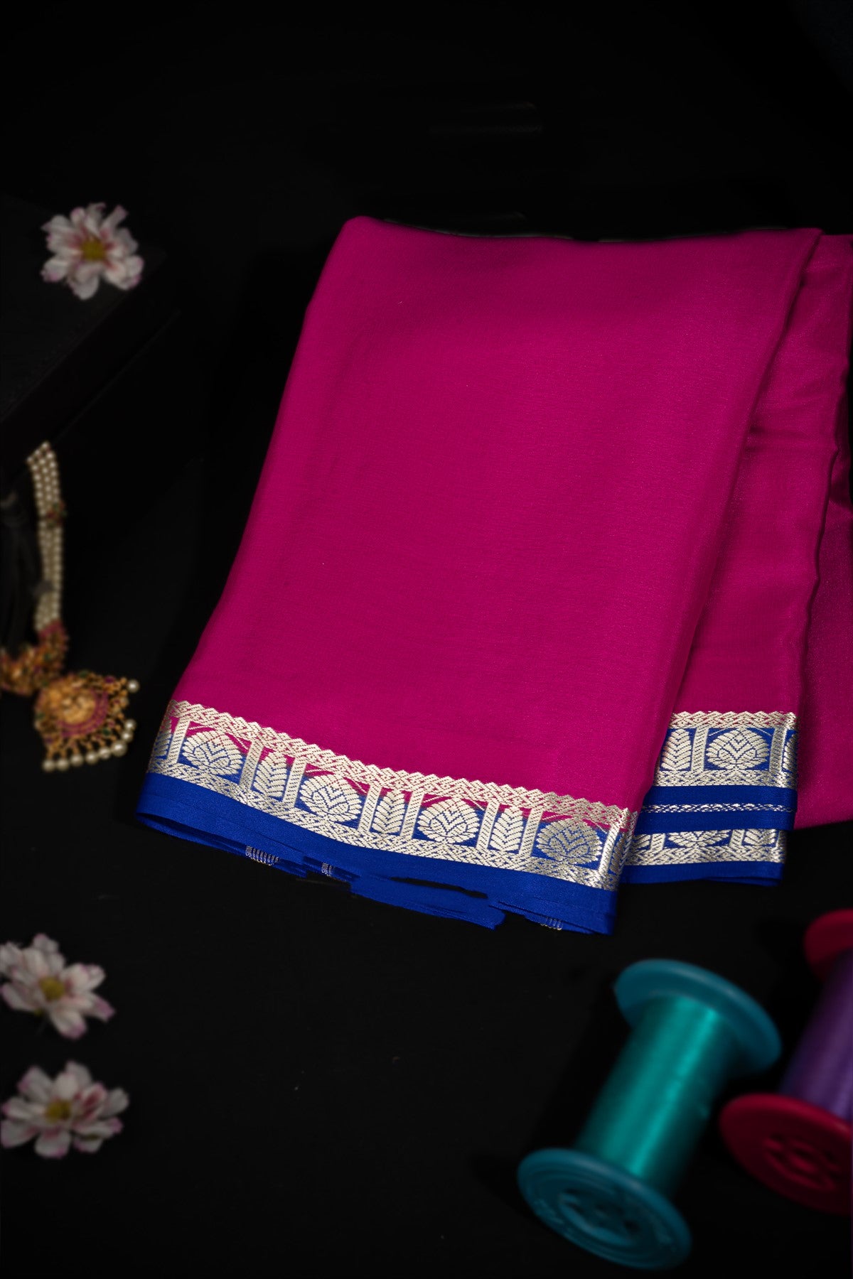 Varamahalakshmi Pink & Royal Blue Mysore Plain Saree