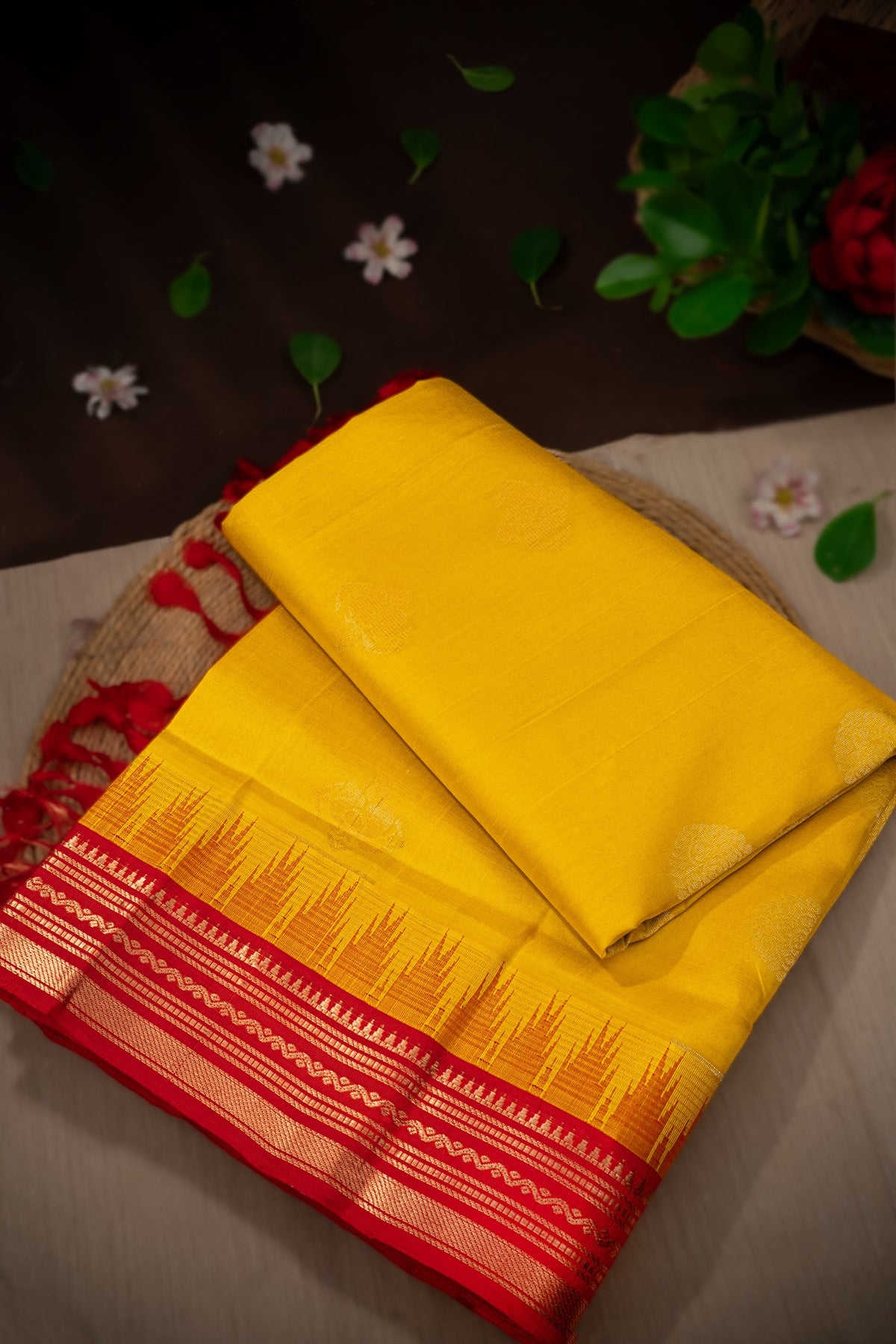 Mandir Mustard & Red Kuppadam Motifs Saree