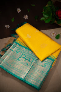 Mandir Mustard & Teal Kuppadam Motifs Saree